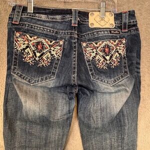 Miss Me Womens Mid Rise Straight Leg Jeans Dark Wash Tribal Embroidered Size 29‎